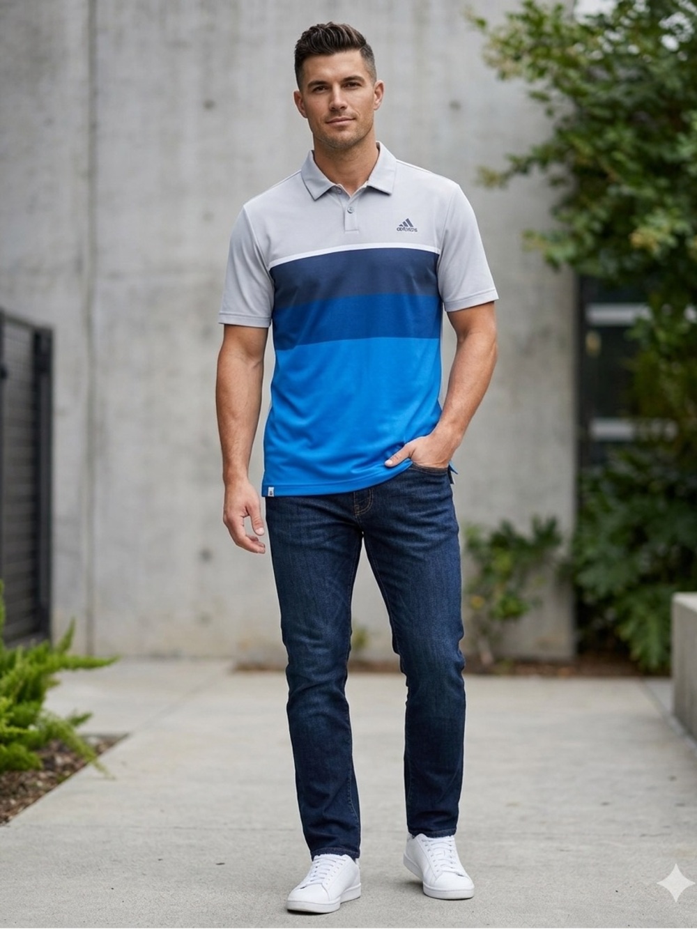 NWOT adidas Men’s Gray, Navy and Blue Striped Performance Polo